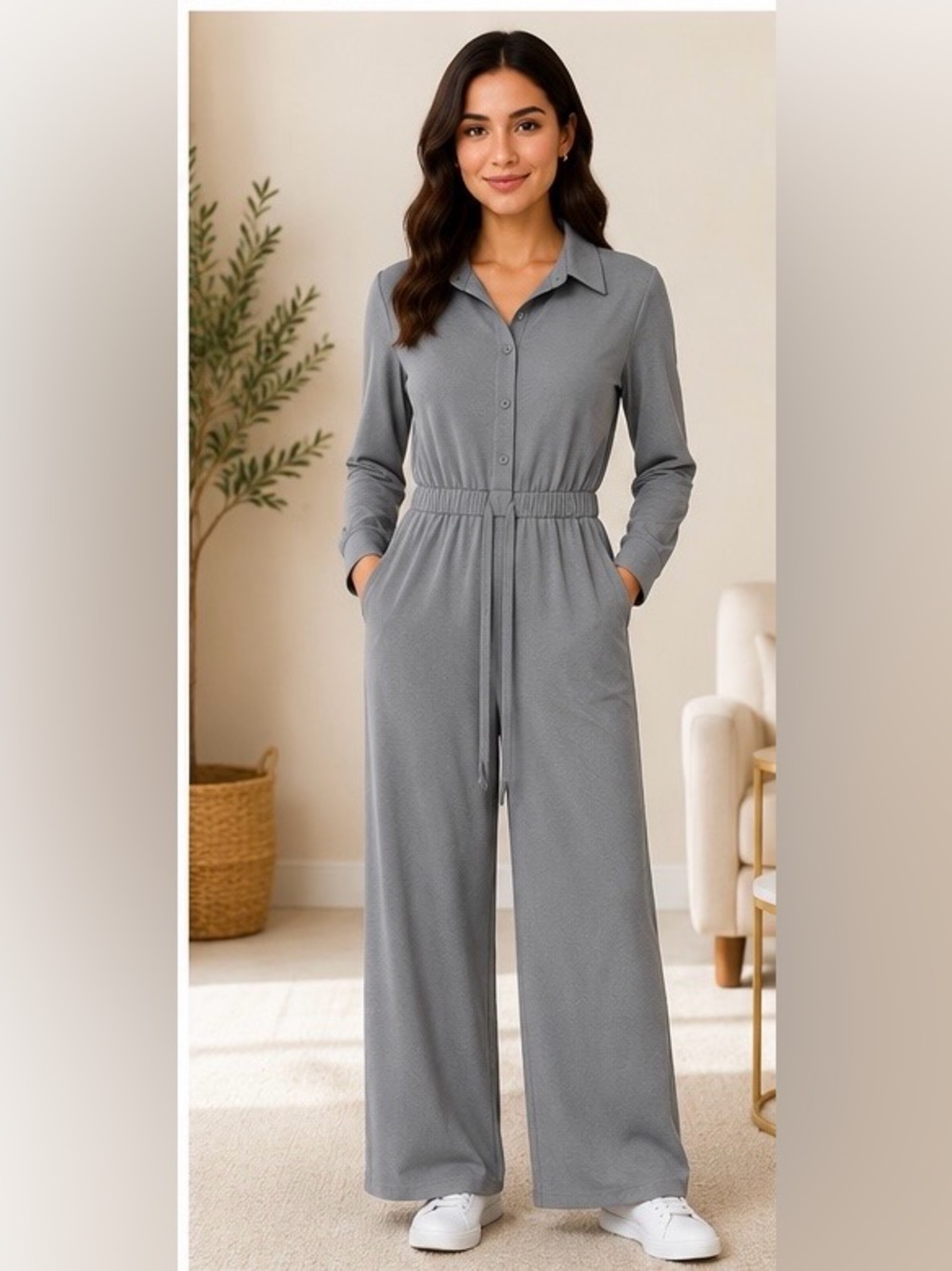 Halara Gray Collared Wide Leg Jumpsuit Tie Waist Size Small NWT